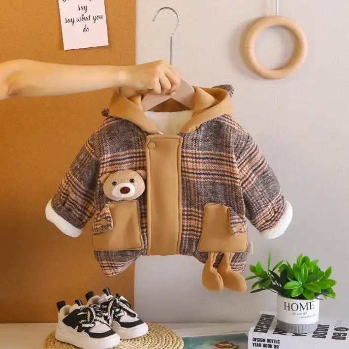 Toddler Thick Winter Plaid Jacket with Bear Pocket β Brown or Grey (1-5 Years)